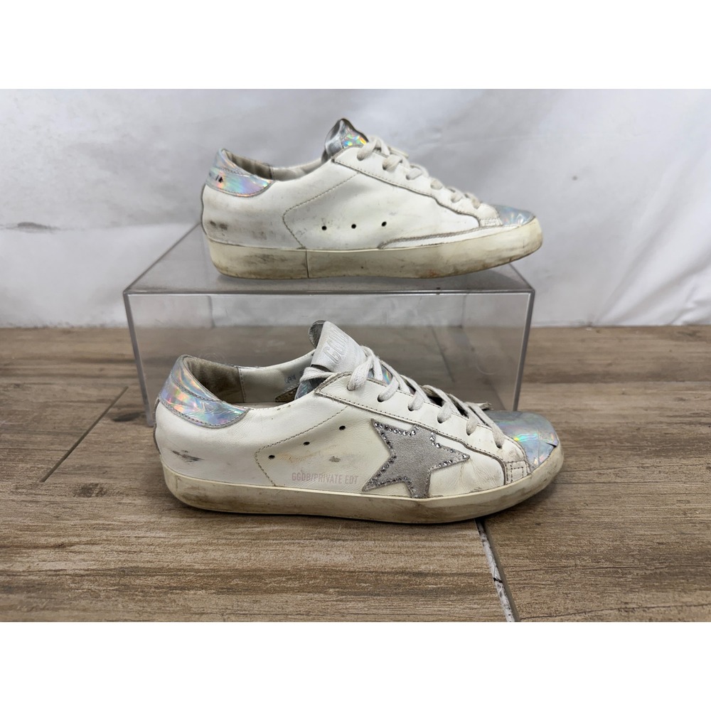 Golden Goose Super-Star White Leather Holographic Glitter Star Sneakers 37
